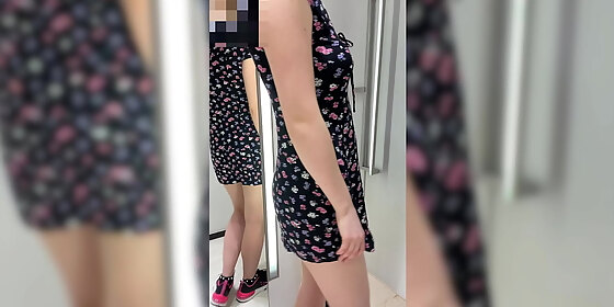 horny student tries on clothes in public shop totally naked with anal plug inside her asshole
