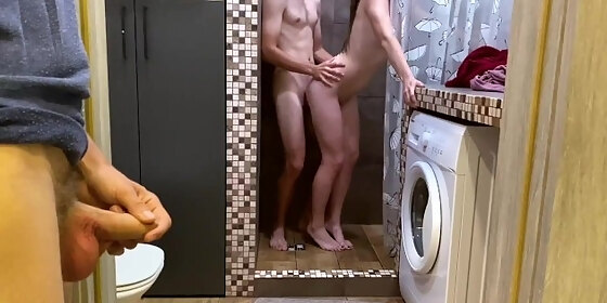 hubby watching wife squirting in the shower with lover and takes cum in mouth