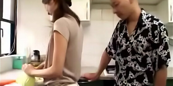 young japanese asian girl to fuck and give blowjob in kitchen