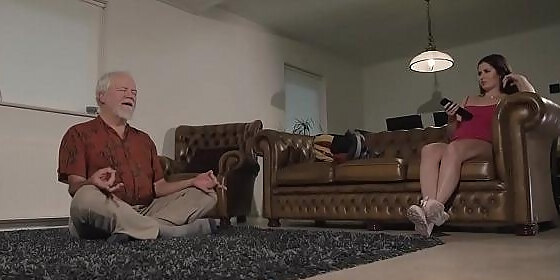 teen interrupts grandpa from yoga and sucks his cock juicy and rigid