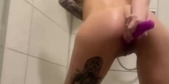 skinny tattooed brunette with tight pussy plays with dildo masturbates in front of stepdad and stepb