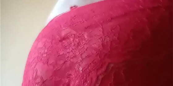 crossdresser walking in red panties