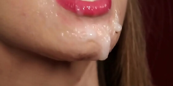 naughty beauty gets cumshot on her face swallowing all the spunk