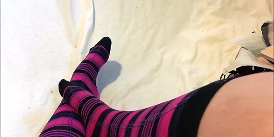 Sexy Teen Sock Tease In Pink And Black Knee High Socks Cute Feet HD SEX Porn  Video 6:03