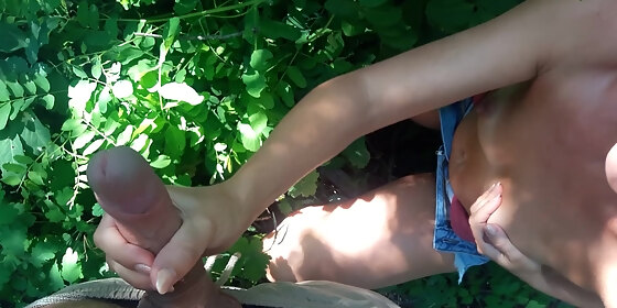 wife gives a handjob in the park pov