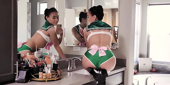 slutty petite asian girl kimmy kim fucks her s boyfriend when he caught her wearing a revealing costume for her cosplay convention