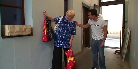 busty blonde granny pleases guy for help
