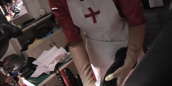 rubbernurse agnes clinic red nurse dress white apron black fellatio mask part 2 handjob deep ass dildo pegging cum