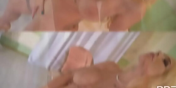 busty babe s boredom relief a glass dildo ride at home