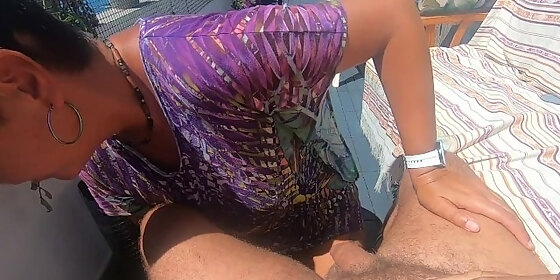 blowjob on our terrace with some handfree sucking cum in mouth swallow