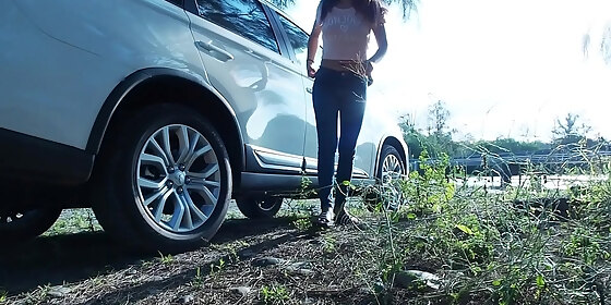 piss stop urgent outdoor roadside pee and cock sucking by asian girl tina in blue jeans