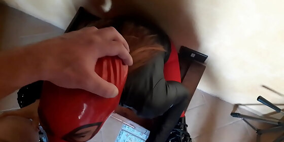 laura on heels wears leather body boots over the knees and pantyhose rough blowjob deepthroat pov