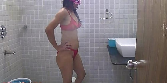 Indian Wife Reenu Shower Erotic Red Lingerie Getting Nude HD SEX Porn Video  50:00