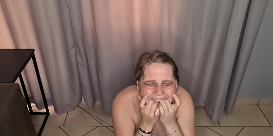pale topless slut repeatedly dildo gagging herself with her own spit that she collected and rubbed it all over her face