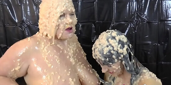 gran gets wet and messy with busty lesbian