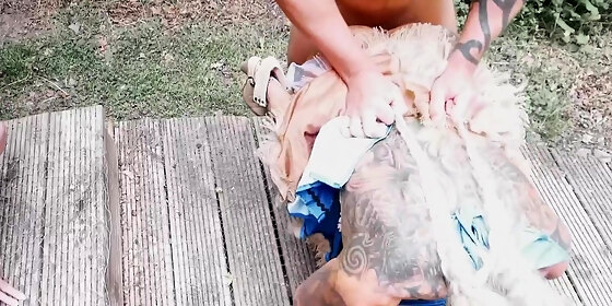two bimbos get dirty outdoors with a guy