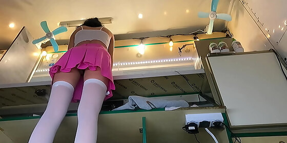 sexy brunette girl voyeur camera upskirt at work