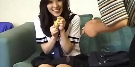 azusa miyanaga in uniform sucks banana and hard penis more at javhd net
