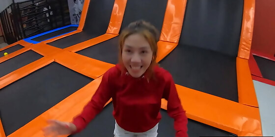 thai amateur milf girlfriend having fun on a trampoline and then fucked at home