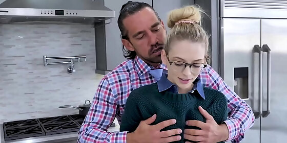 submissive stepdaughter lilly larimar fucked by her strict stepfather in the kitchen after hearing her talking sweetly on the phone with a