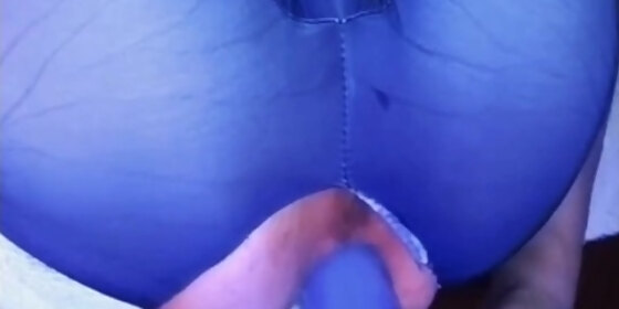 girl in blue suit gaping her ass with big dildo close up