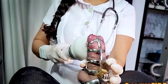 nurse edging chastity patient in chastity cage by dominafire