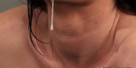slutty babe gets cumshot on her face sucking all the jizz