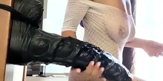 slamming giant mutant dildo deep in her ass