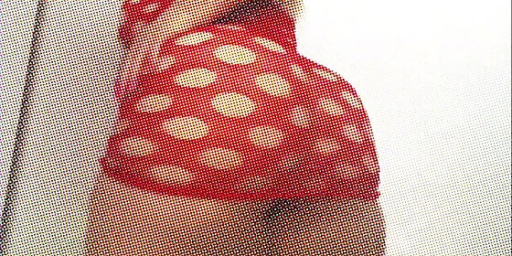 curvy blonde in red fishnet dress