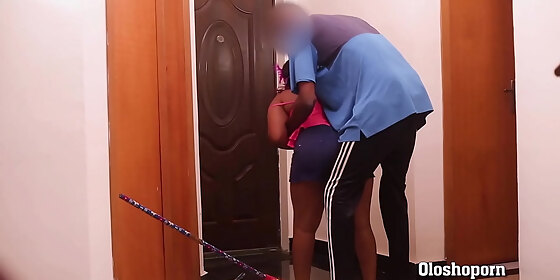 the weak dick man grabbed the cleaner by the door