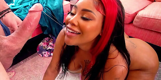 gorgeous black babe with big tits sucks a big white dick