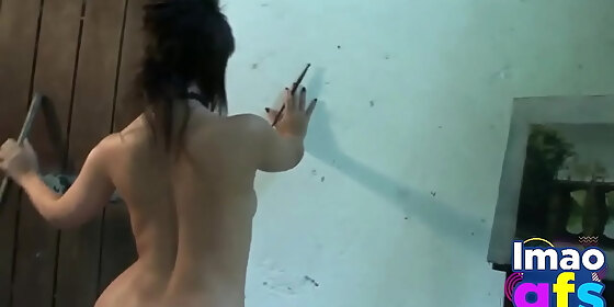 cute brunette showing her rounded tits and perfect ass outdoor