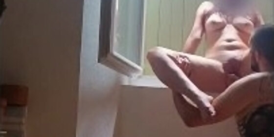 french girl got her pussy ate by tatooed guy on a window until she squirt