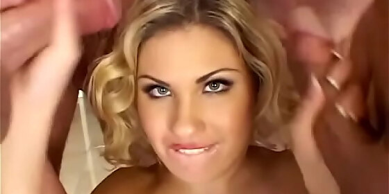 sexy thick and juicy blonde handles a bunch of cocks in her mouth