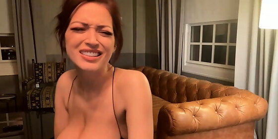 busty curly brunette with big boobs fucks on couch