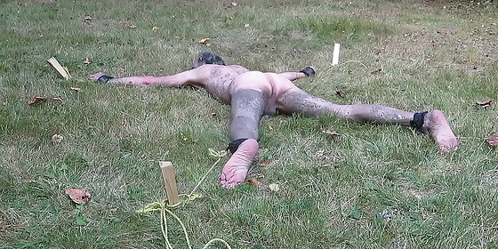 nuisette007 tied spread naked outdoors and facing down