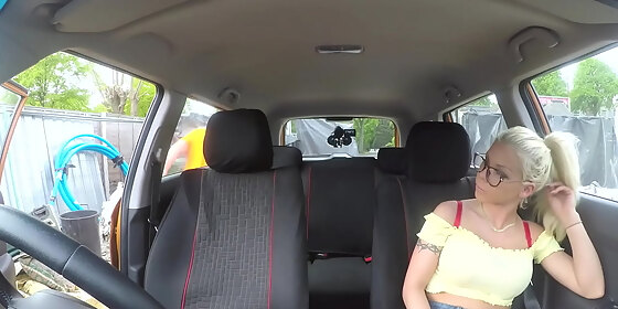 couple banging in fake driving car
