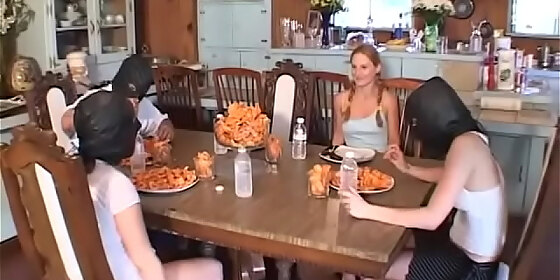 with funny pigtails gets to a party in a country house and participates in group sex