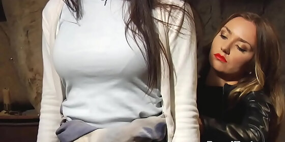 sexy lesbian receives big strapon as a gift