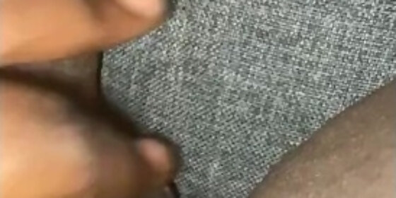 ebony playing with hairy pussy on mom couch almost caught