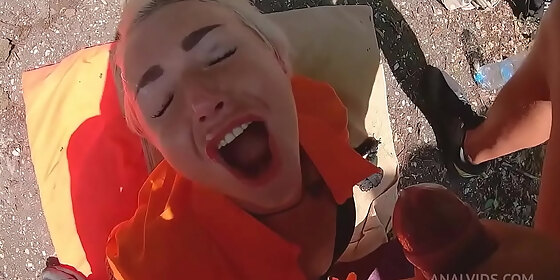 hot blonde deepthroat and ass fucking after escape until cum on face cas031