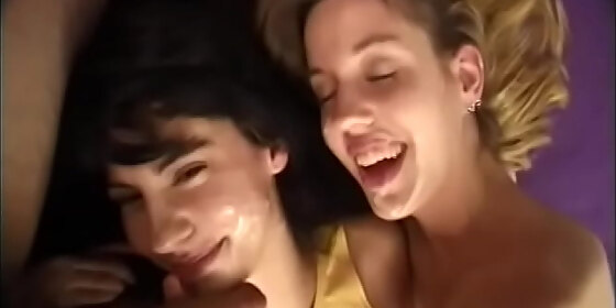 blonde and brunette share a dildo and a lucky guy s stiffy
