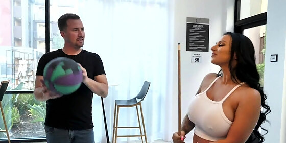 makes a shooting pool deal with busty girl