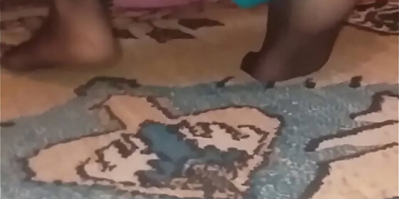 mature turkish woman wipes carpet with pantyhose