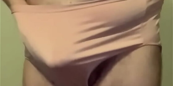 man in silky womens leopard print pajamas strips down to his bra and panties then jerks off inside his oversized panties