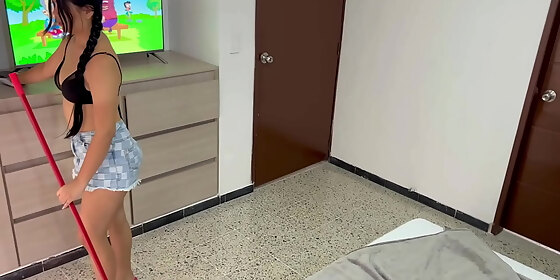my stepsister cleans my room and i pay her with my hard cock and a cumshot in her pussy