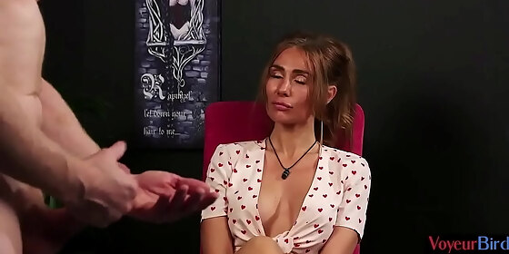 voyeuristic femdom dirty talks to subject while instructing him