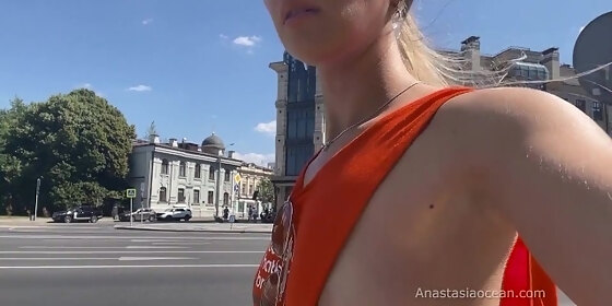 flashing boobs walk in the city