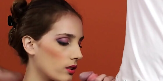 hot bombshell gets cum shot on her face swallowing all the load