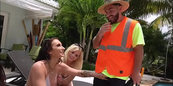 three hot teen best friends nikki sweets mina moon and alessia luna fuck mexican landscaper outdoors by pool